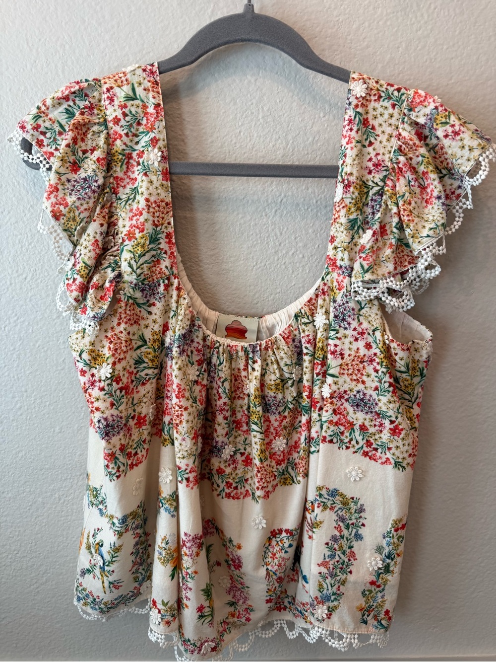 FARM Rio Cream Floral Scoop-Neck Blouse with Red & Green Print